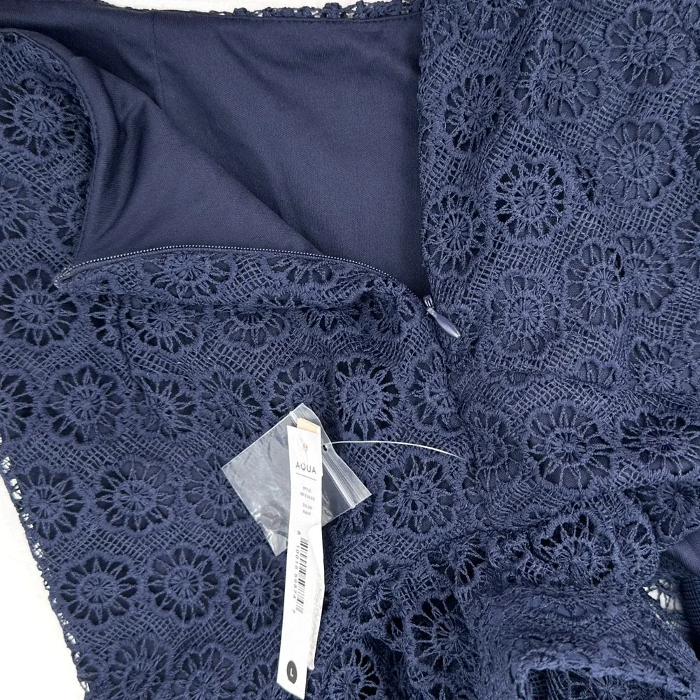 Aqua Navy Crochet Lace Matching Set Large Puff Sleeve Crop Top Belted Skirt 2 pc